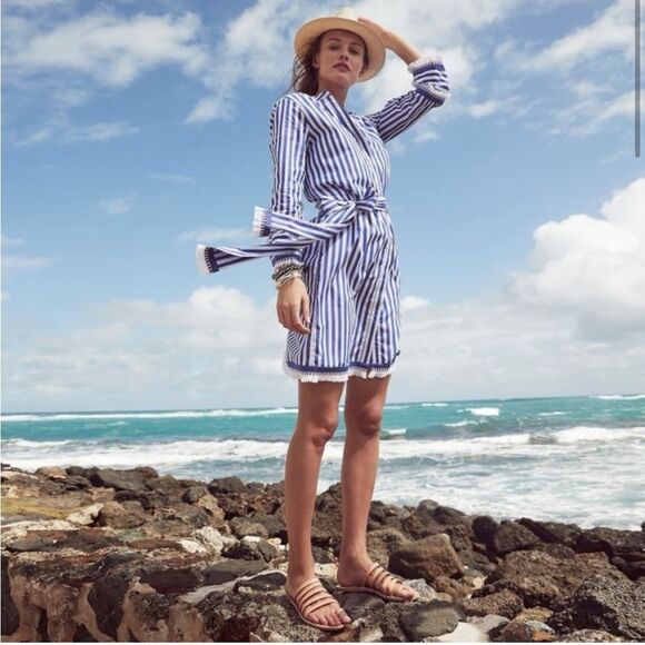J Crew Belted Cotton Poplin Tunic Dress in Stripe Blue White 6 - Picture 2 of 12